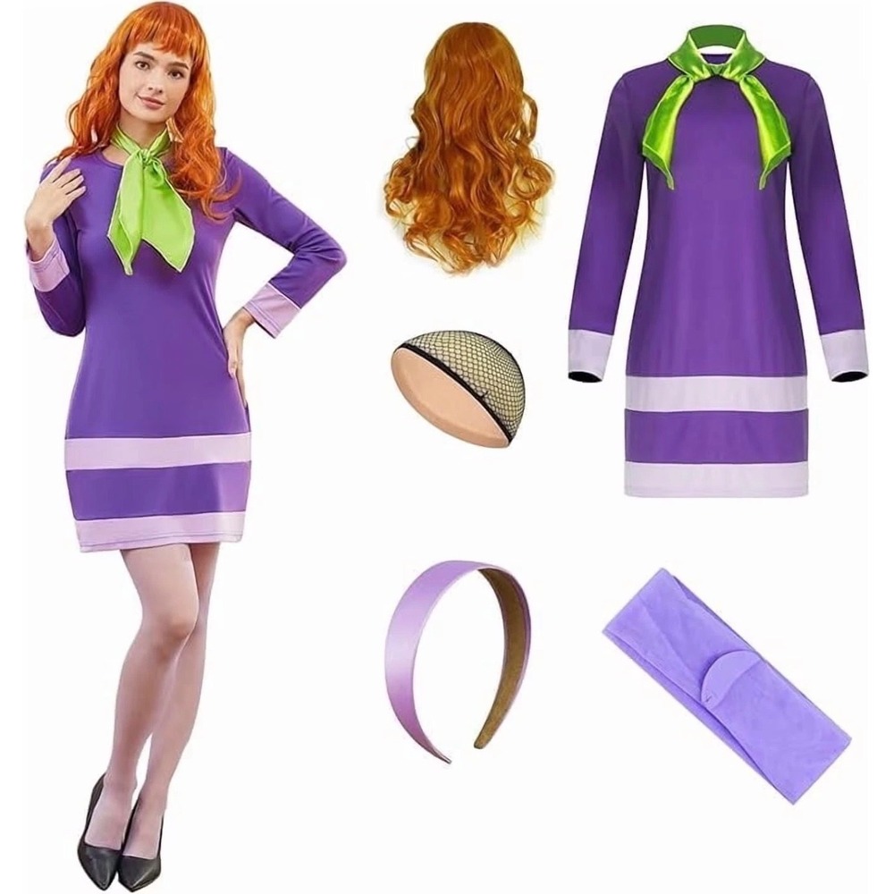 Scooby Doo Purple Daphne Cosplay Costume Set Women Small 70s Halloween NEW